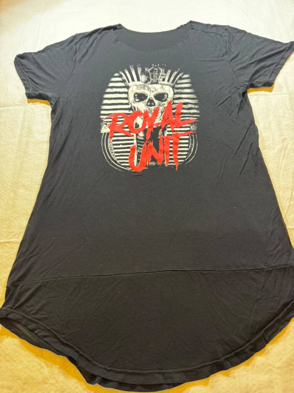 Black Longline Curved Hem Royal Unit Pharaoh Skull Red Graphic Tee Shirt